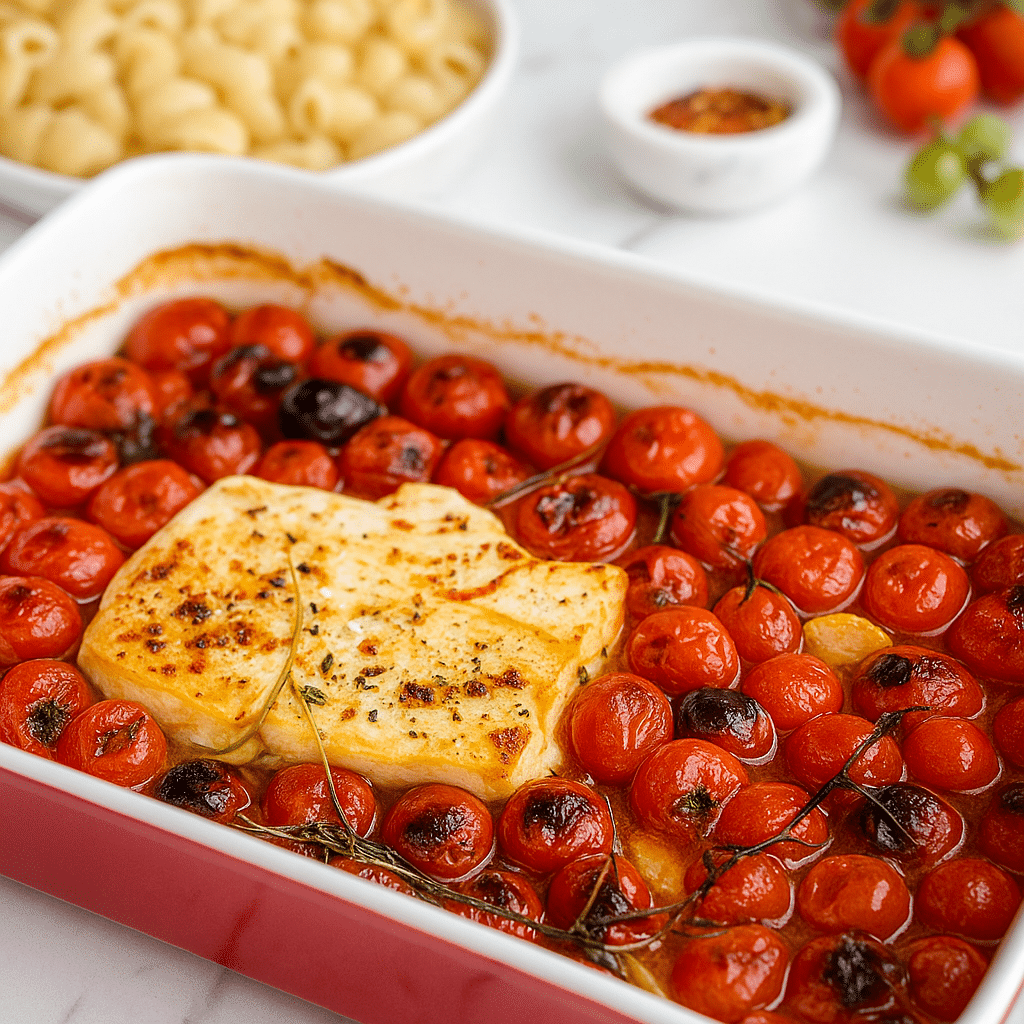Baked Feta Pasta 2025 Version with melted feta and burst cherry tomatoes