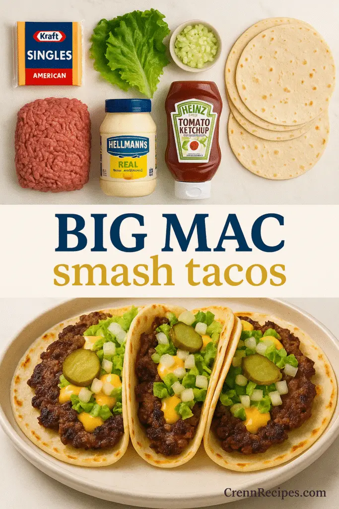 Overhead image of Big Mac Smash Tacos showing raw ingredients and finished tacos with crispy beef, lettuce, cheese, pickles, and signature Big Mac sauce styled on white marble with elegant food presentation