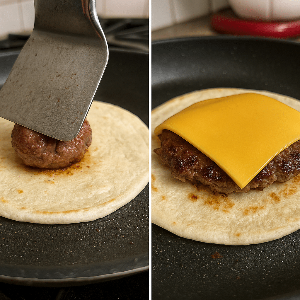 Smashing beef onto tortilla in skillet