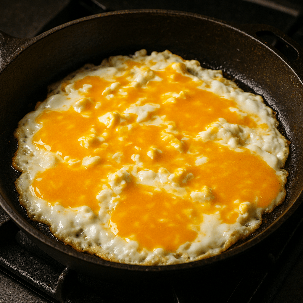 Bodega style scrambled eggs cooking skillet punctured yolks everything bagel bacon recipe