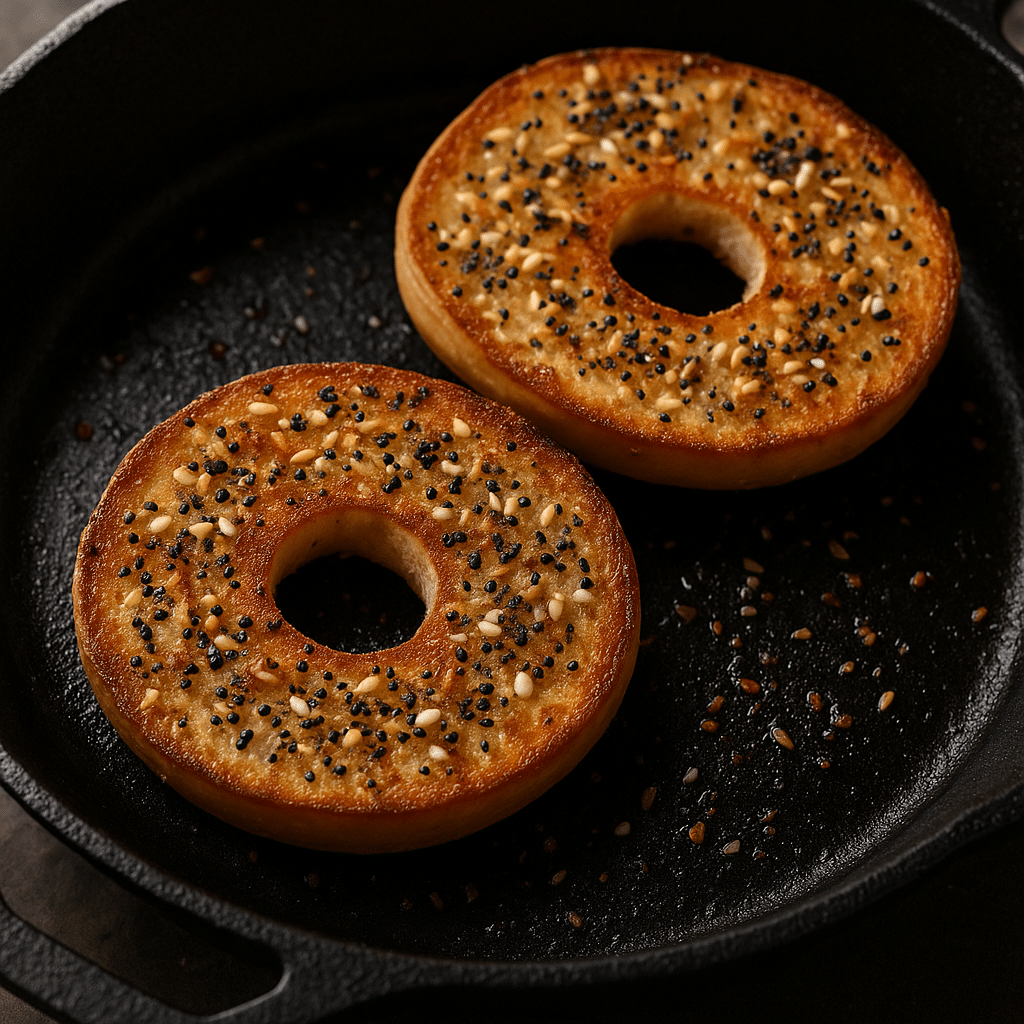 Butter toasted everything bagel halves cast iron skillet sesame poppy seeds visible