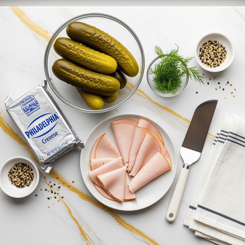 Three simple ingredients for cheese wrapped pickles: dill pickle spears, Philadelphia cream cheese block, and deli turkey slices arranged on marble surface