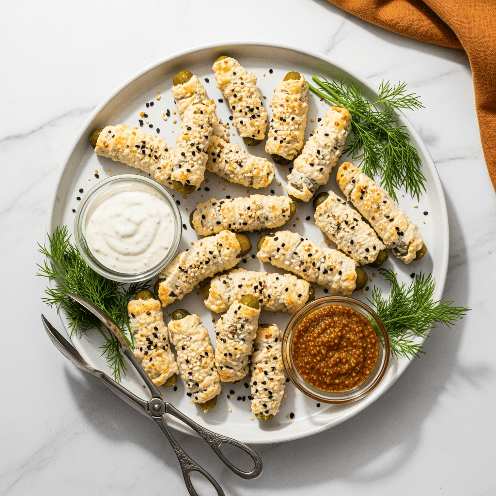 Cheese wrapped pickles served on elegant white platter with ranch and mustard dipping sauces for party appetizer presentation