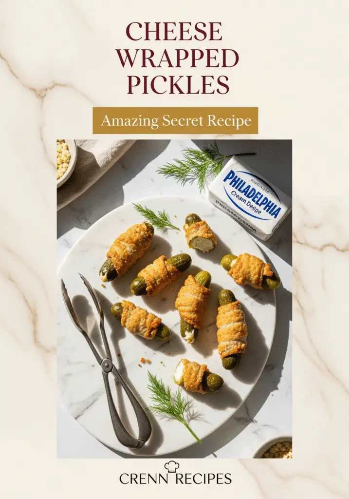 Pinterest pin for viral cheese wrapped pickles recipe featuring amazing secret 3-ingredient appetizer with text overlay and CrennRecipes branding