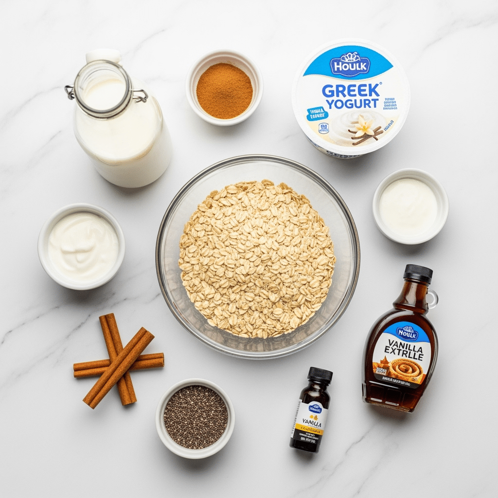 Cinnamon roll overnight oats ingredients laid out on marble - oats, milk, yogurt, chia seeds, cinnamon, maple syrup