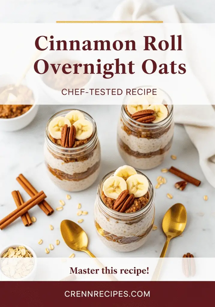Pinterest pin for cinnamon roll overnight oats recipe - 3 jars with toppings and recipe title overlay