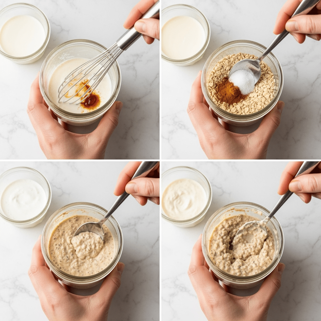 Step-by-step cinnamon roll overnight oats preparation process in mason jars showing mixing stages