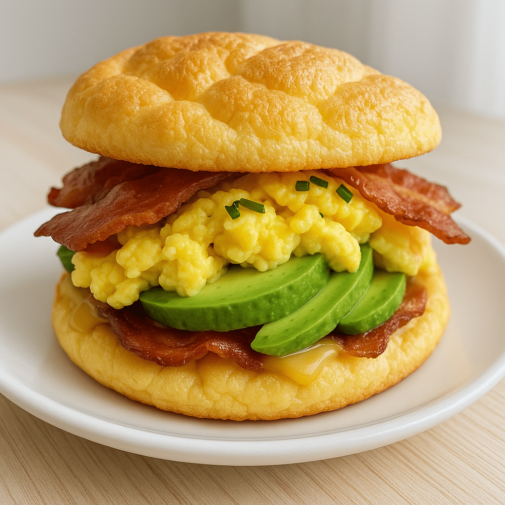 Cloud bread breakfast sandwich with scrambled eggs bacon and avocado on white plate