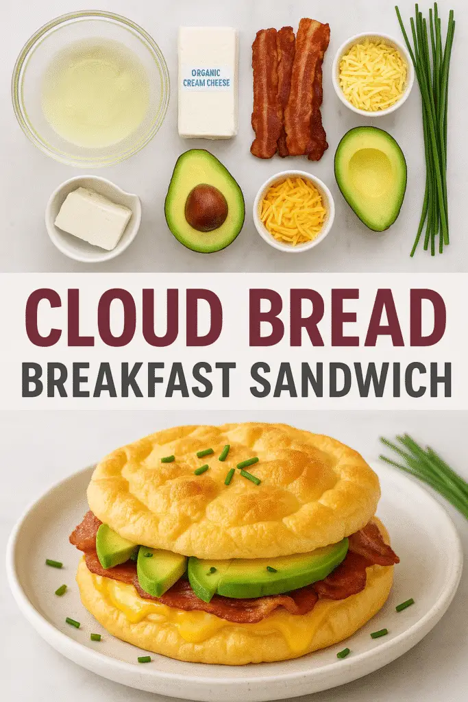 Cloud bread breakfast sandwich recipe Pinterest pin with ingredients and finished sandwich