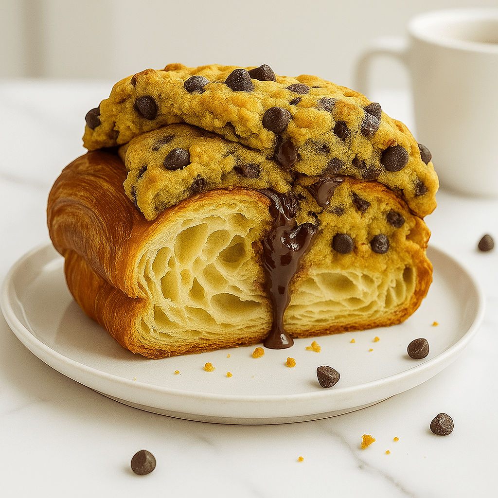 Cut cookie croissant hybrid revealing internal layers and melted chocolate on white plate