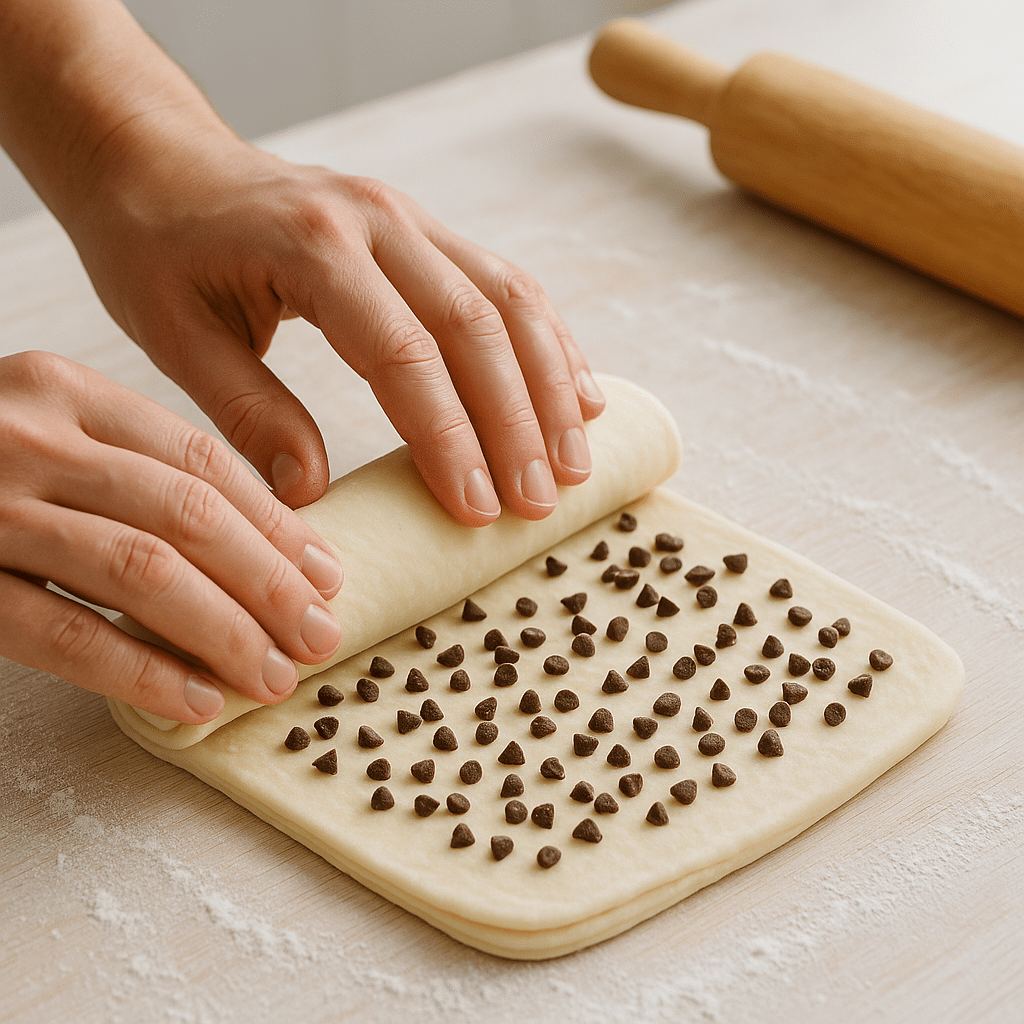 Cookie croissant hybrid dough preparation showing lamination technique with chocolate chips