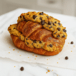 Cookie croissant hybrid with chocolate chips showing golden flaky layers