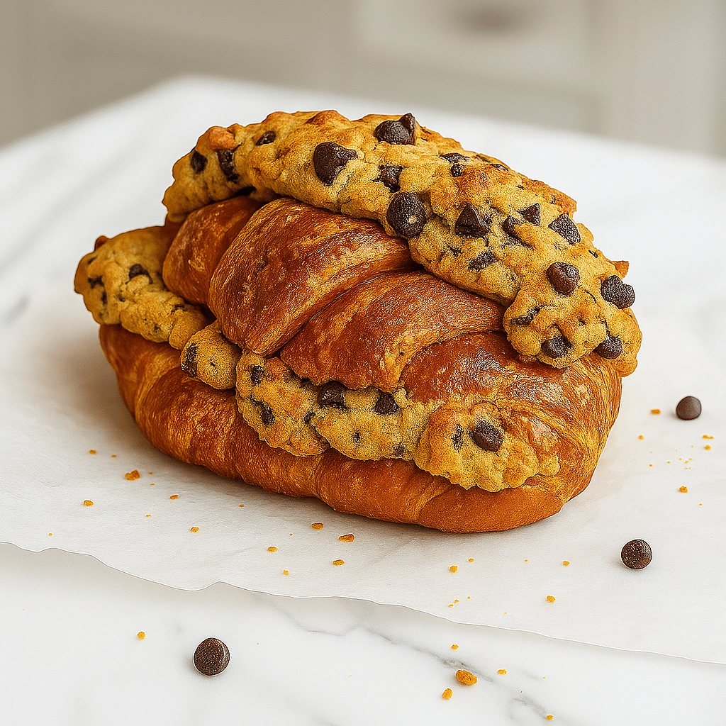 Cookie croissant hybrid with chocolate chips showing golden flaky layers