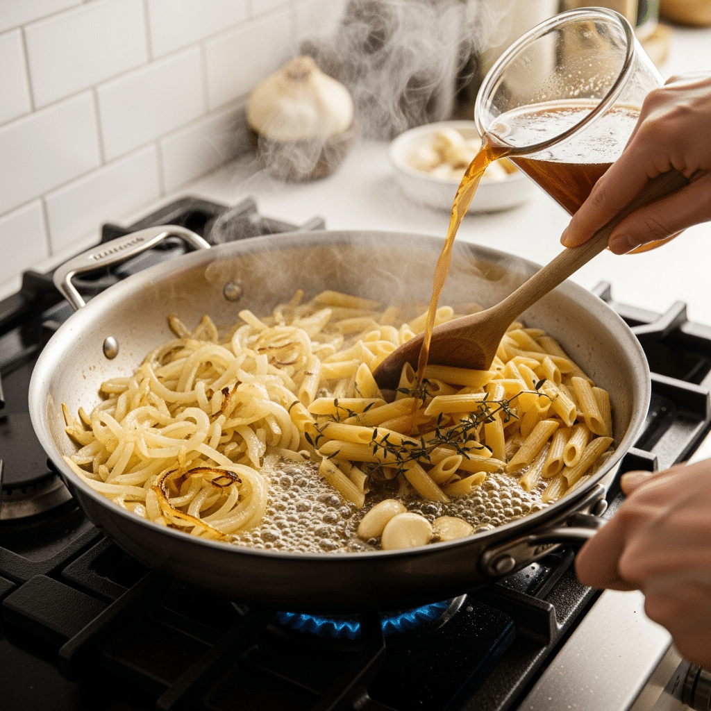 Step-by-step process of cooking one-pan French onion pasta with caramelized onions in large skillet