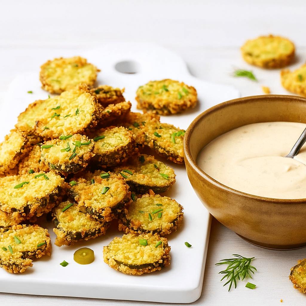 Golden crispy air-fried pickles on white plate with ranch dipping sauce
