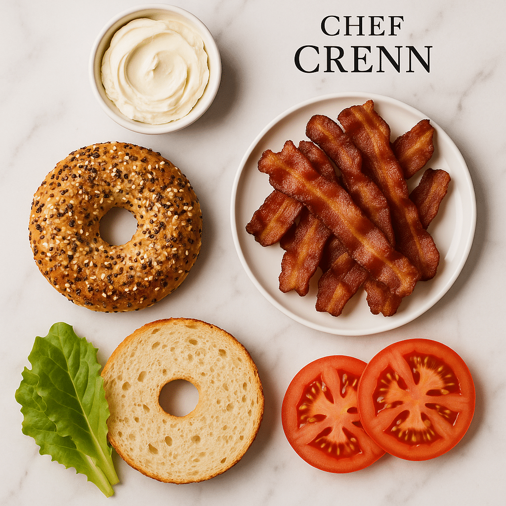 Everything bagel bacon sandwich ingredients flat lay fresh bagels raw bacon eggs cheese butter