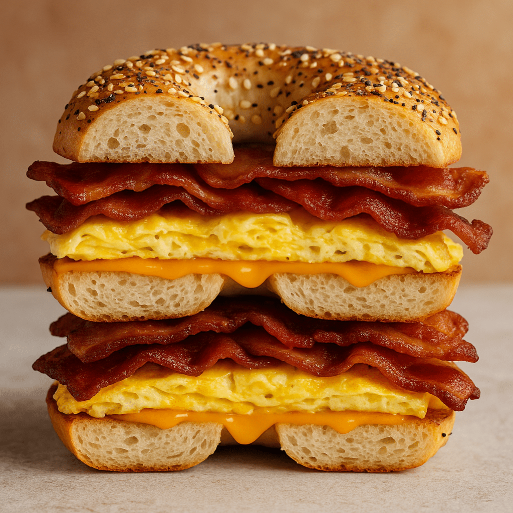 Everything bagel bacon sandwich assembly cross section showing bacon eggs cheese layers