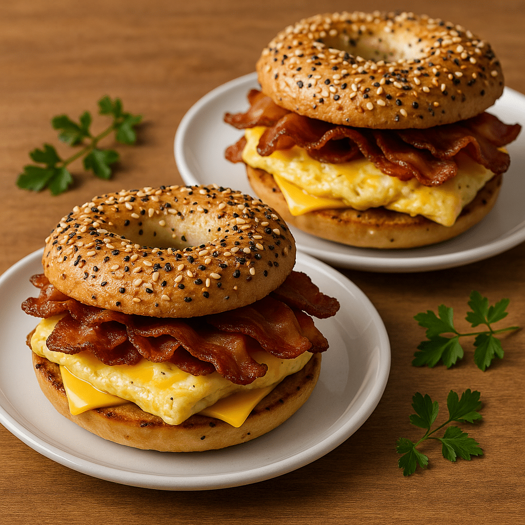 Two everything bagel bacon sandwiches white plates fresh herbs garnish professional presentation