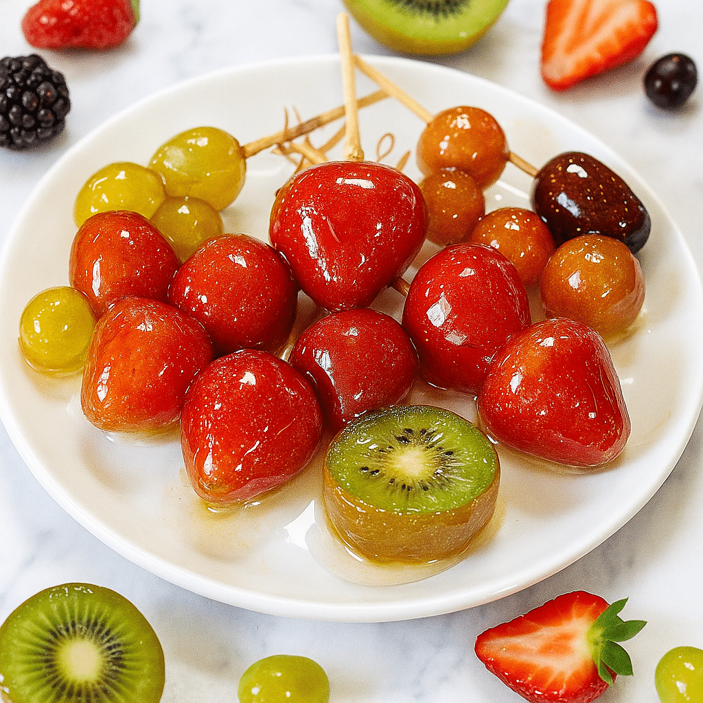 Finished tanghulu candied fruit with crispy crystal coating