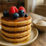 Fluffy psyllium husk pancakes stack with fresh berries and syrup drizzle on rustic wooden table
