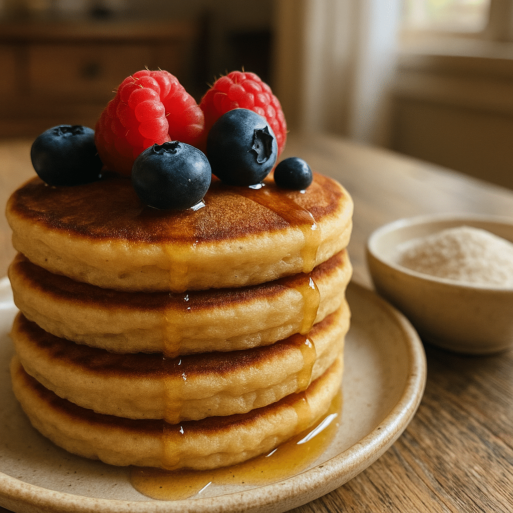 Fluffy psyllium husk pancakes stack with fresh berries and syrup drizzle on rustic wooden table