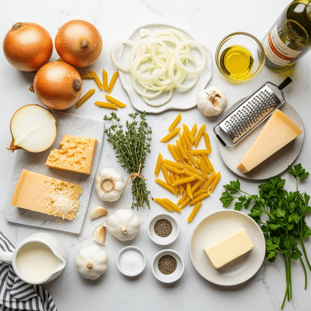 Essential ingredients for one-pan French onion pasta including yellow onions, penne pasta, gruyere cheese, and fresh thyme