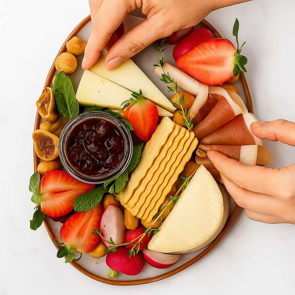 Hands assembling girl dinner charcuterie board following 3-3-3 rule step by step
