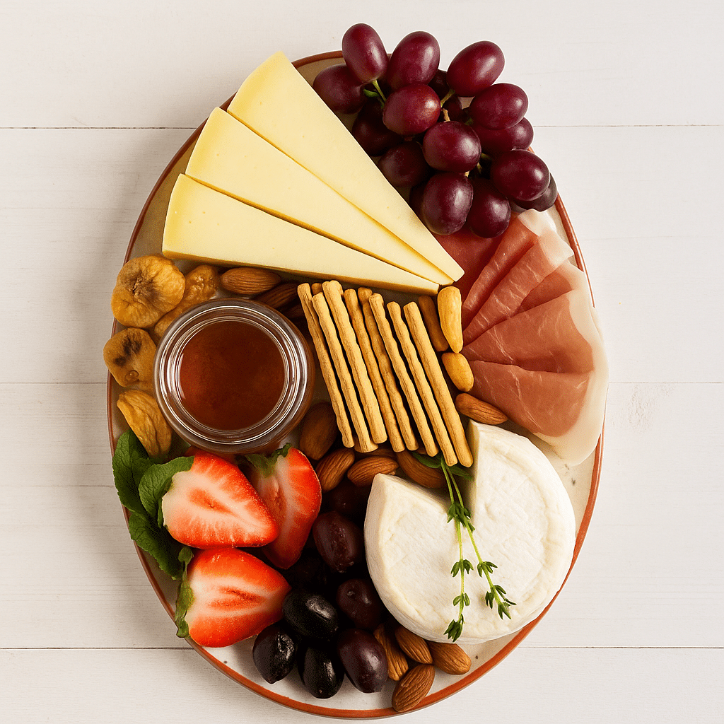 Girl dinner charcuterie board ingredients laid out including cheese crackers fruits and nuts