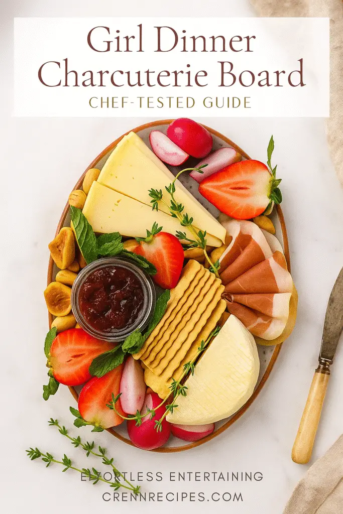 Pinterest ready girl dinner charcuterie board guide with CRENNRECIPES branding