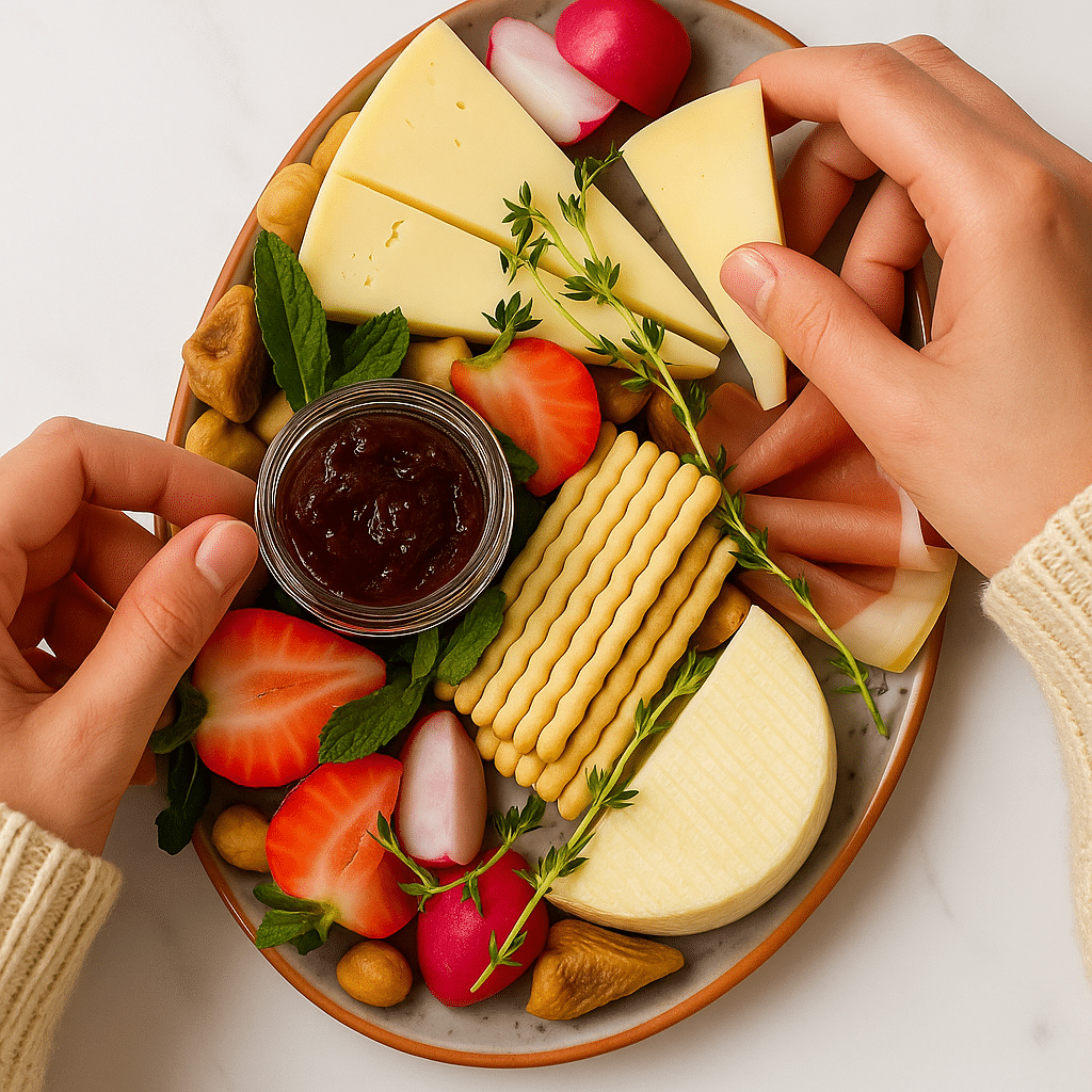 Girl dinner charcuterie board being enjoyed with hands reaching for cheese and crackers