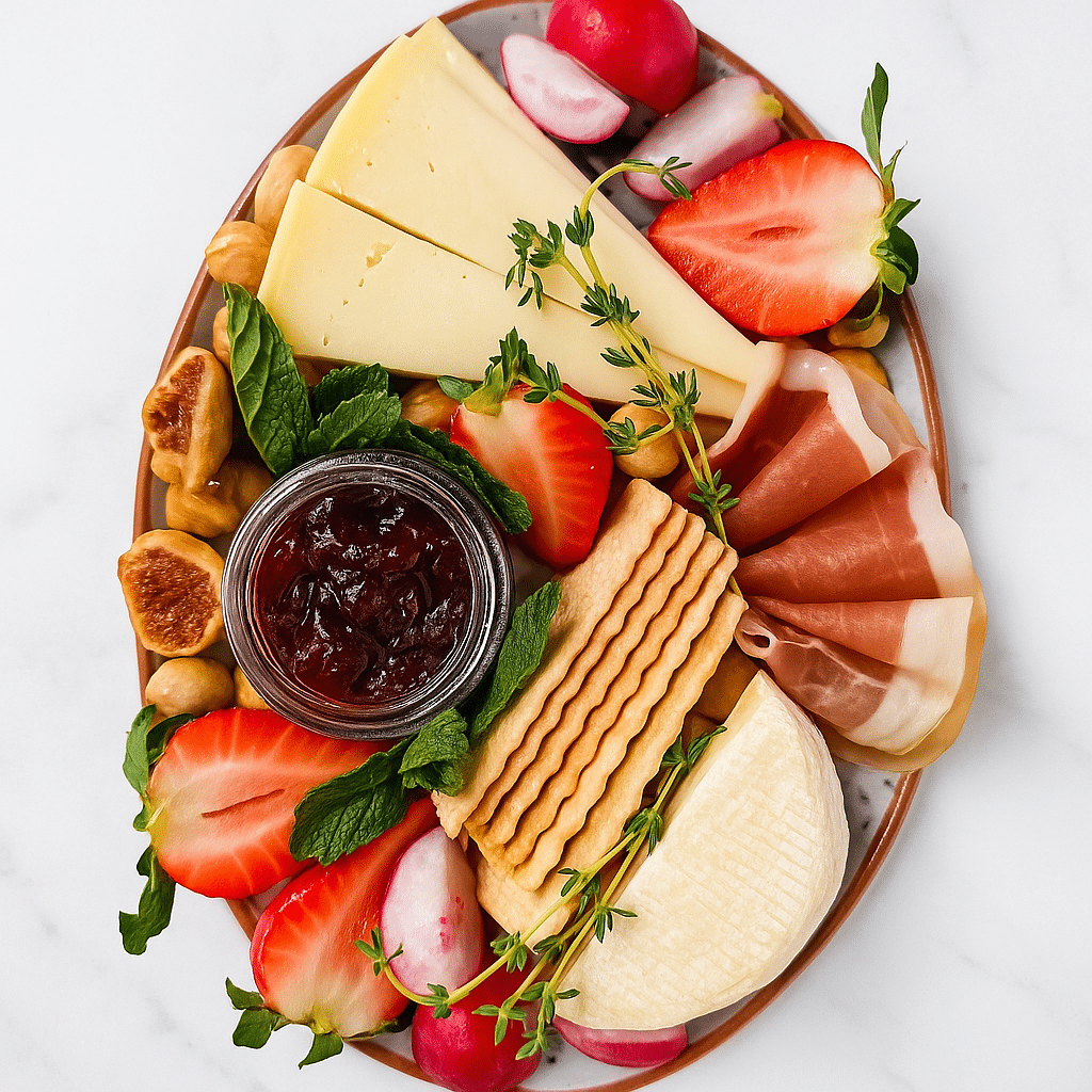 Girl dinner charcuterie board with artisanal cheeses fresh berries and crackers on marble surface
