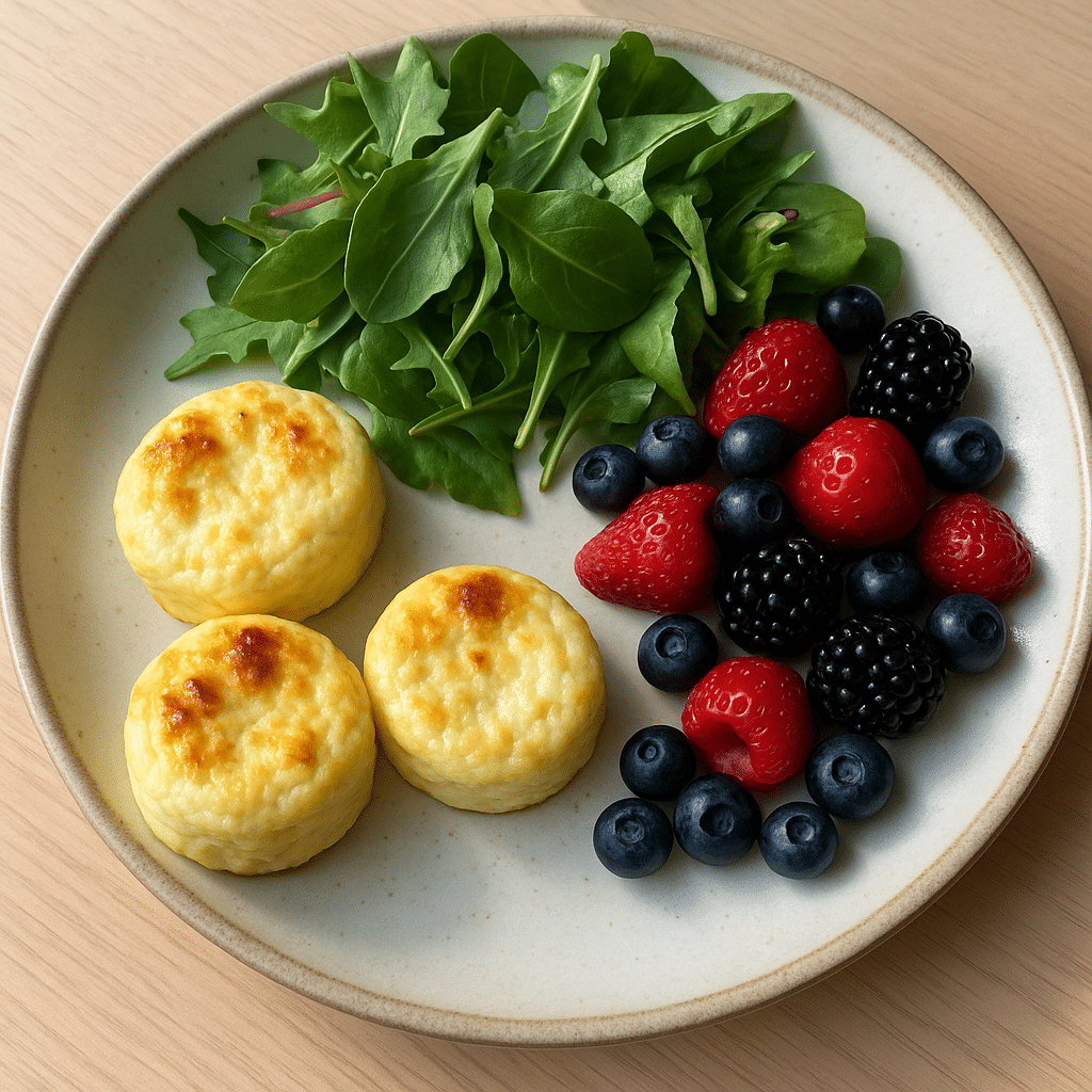 Plated GLP-1 friendly breakfast with egg bites and berries