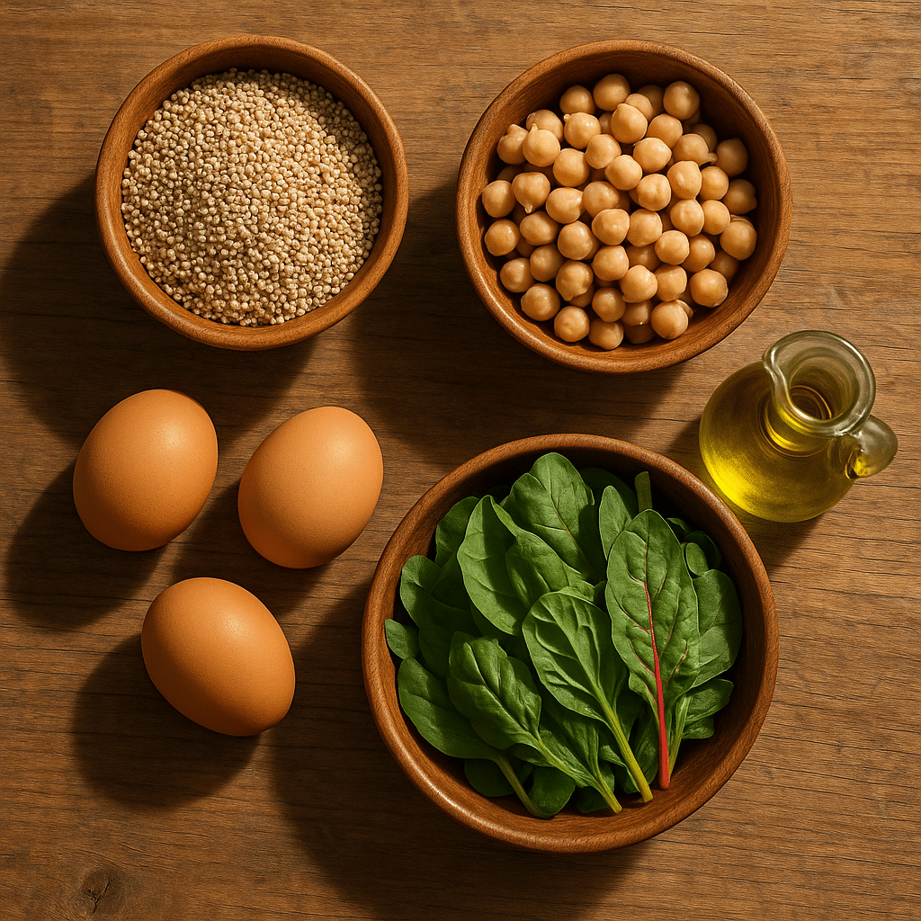 GLP-1 friendly ingredients including quinoa, chickpeas, and leafy greens