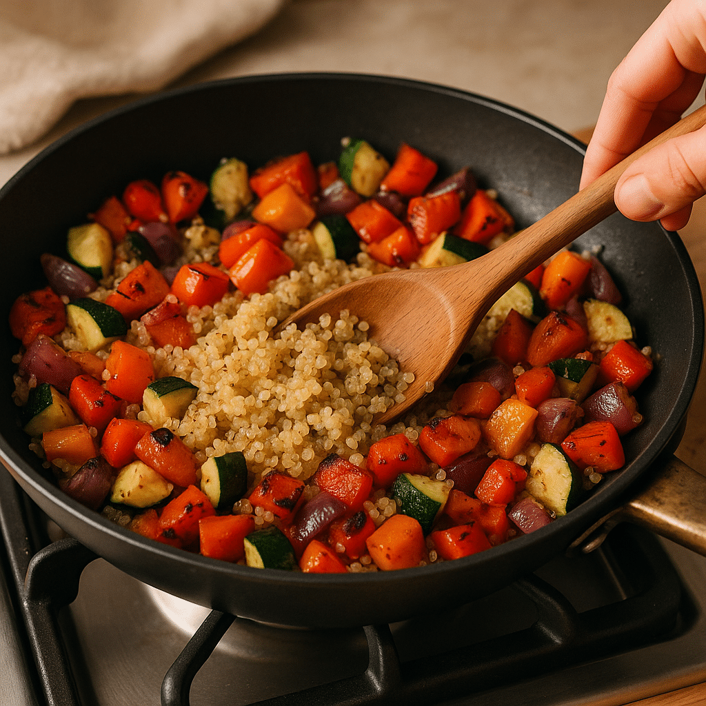 Cooking quinoa and vegetables for GLP-1 friendly recipe