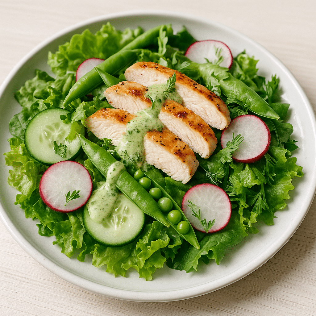 Fresh green goddess salad with creamy herb dressing and grilled chicken