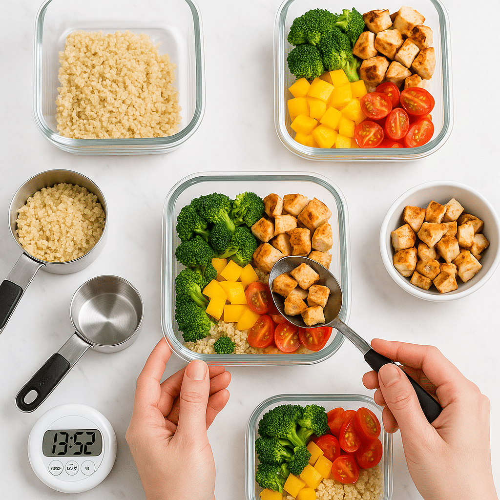 High-protein meal prep bowl assembly steps portioning containers