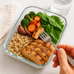 High-protein meal prep bowl serving ready to eat quinoa chicken vegetables