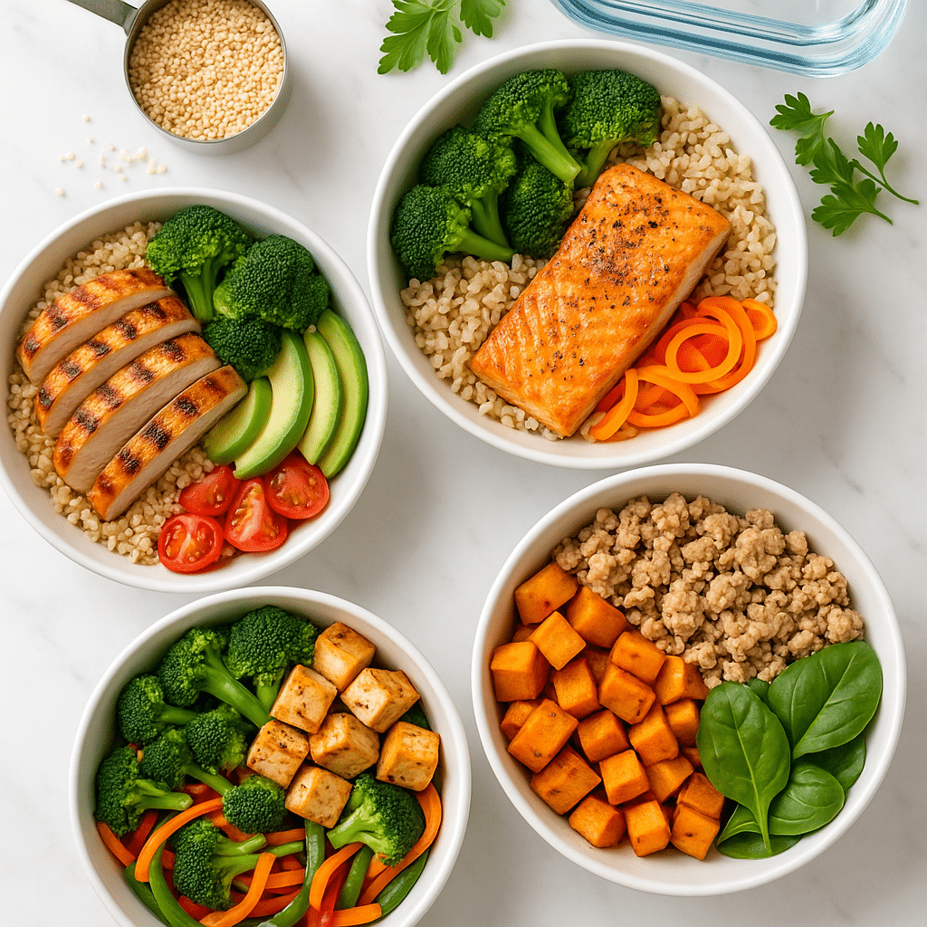 High-protein meal prep bowls with chicken quinoa salmon tofu variety