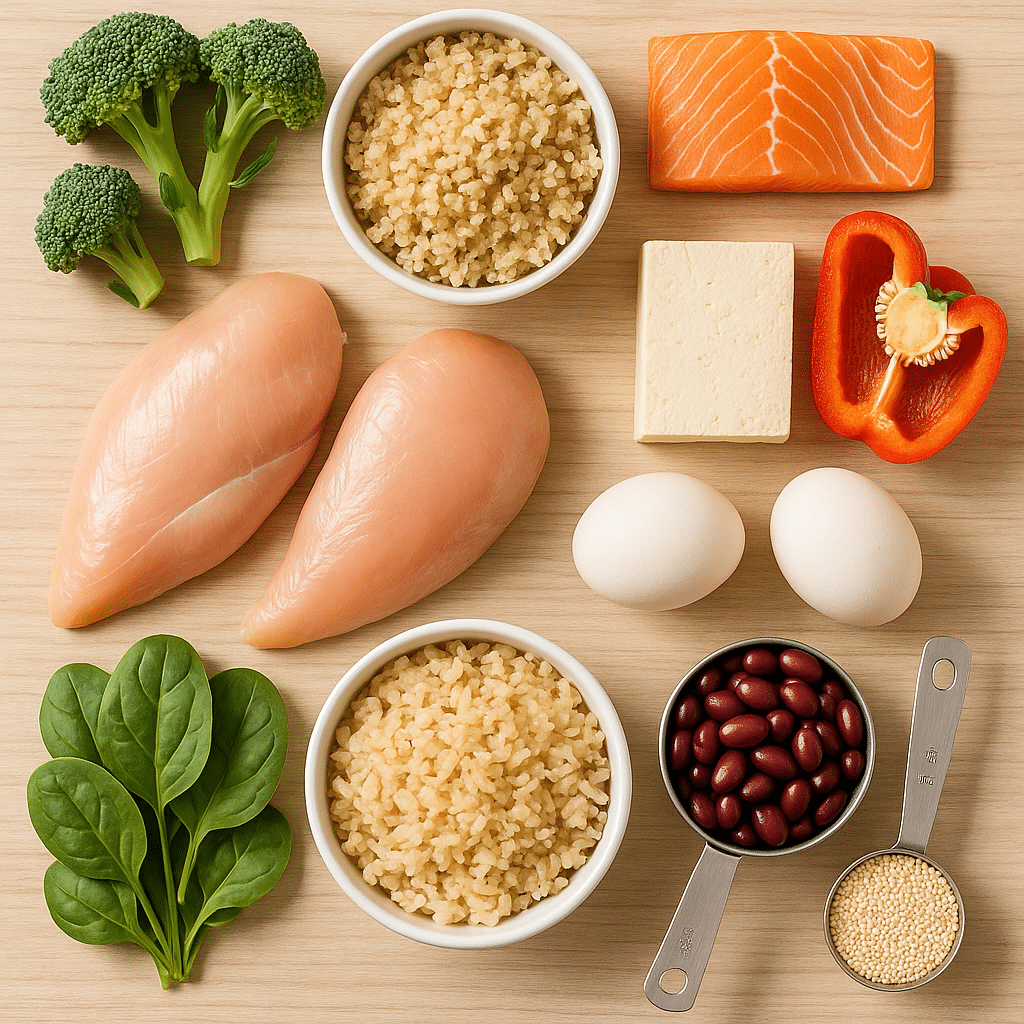 High-protein meal prep bowl ingredients chicken salmon tofu quinoa vegetables