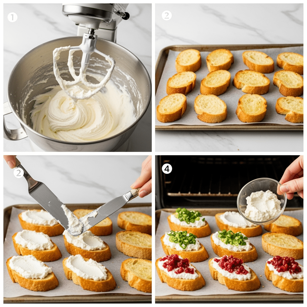 Step by step process of making whipped ricotta crostini from mixing to final assembly
