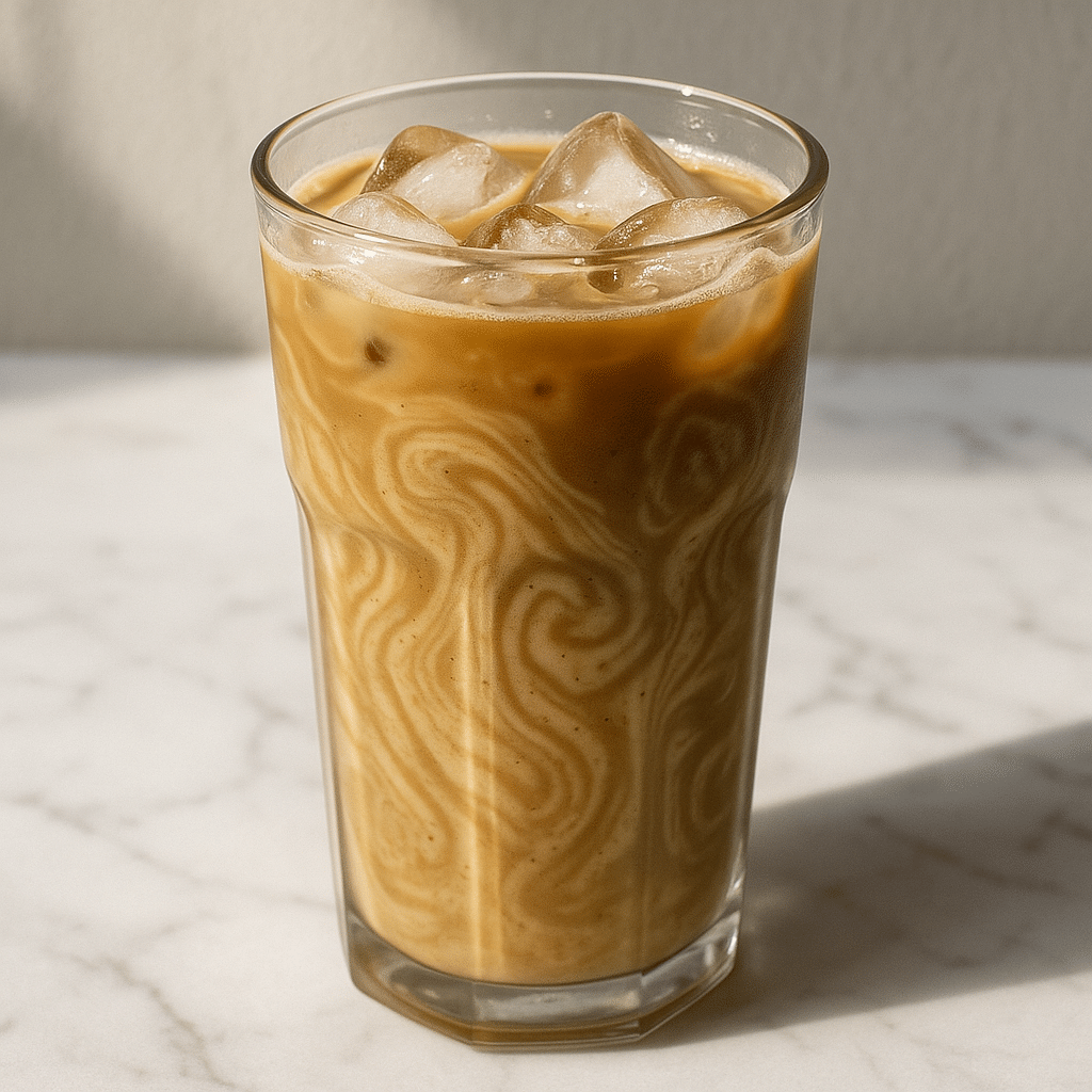 Iced tahini coffee served in a glass with sesame swirls