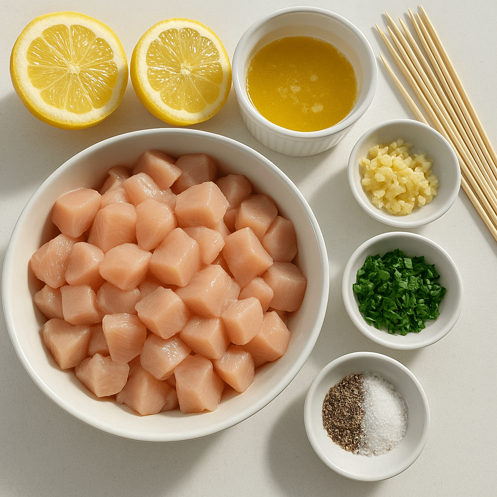 Raw ingredients for lemon butter chicken skewers with garlic and lemon
