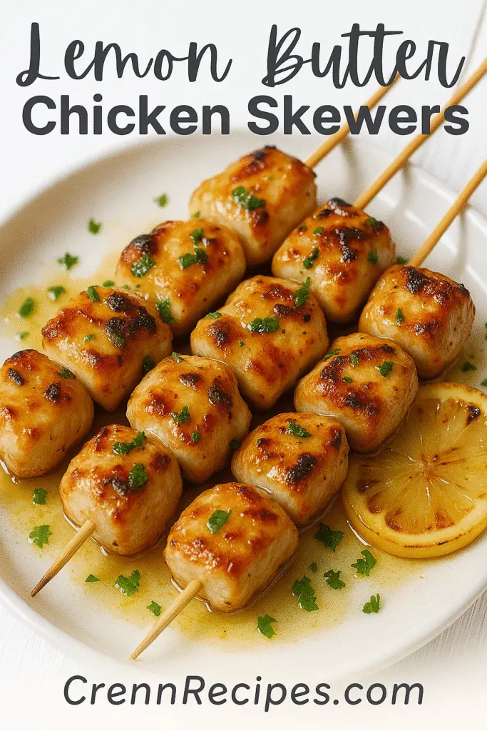 Lemon butter chicken skewers stacked on plate for Pinterest pin