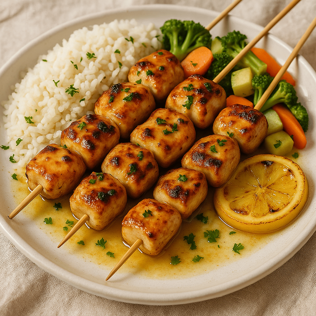 Served lemon butter chicken skewers with rice and vegetables