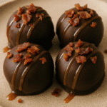 Maple Bacon Cookie Dough Truffles with chocolate coating and visible bacon pieces on elegant serving plate