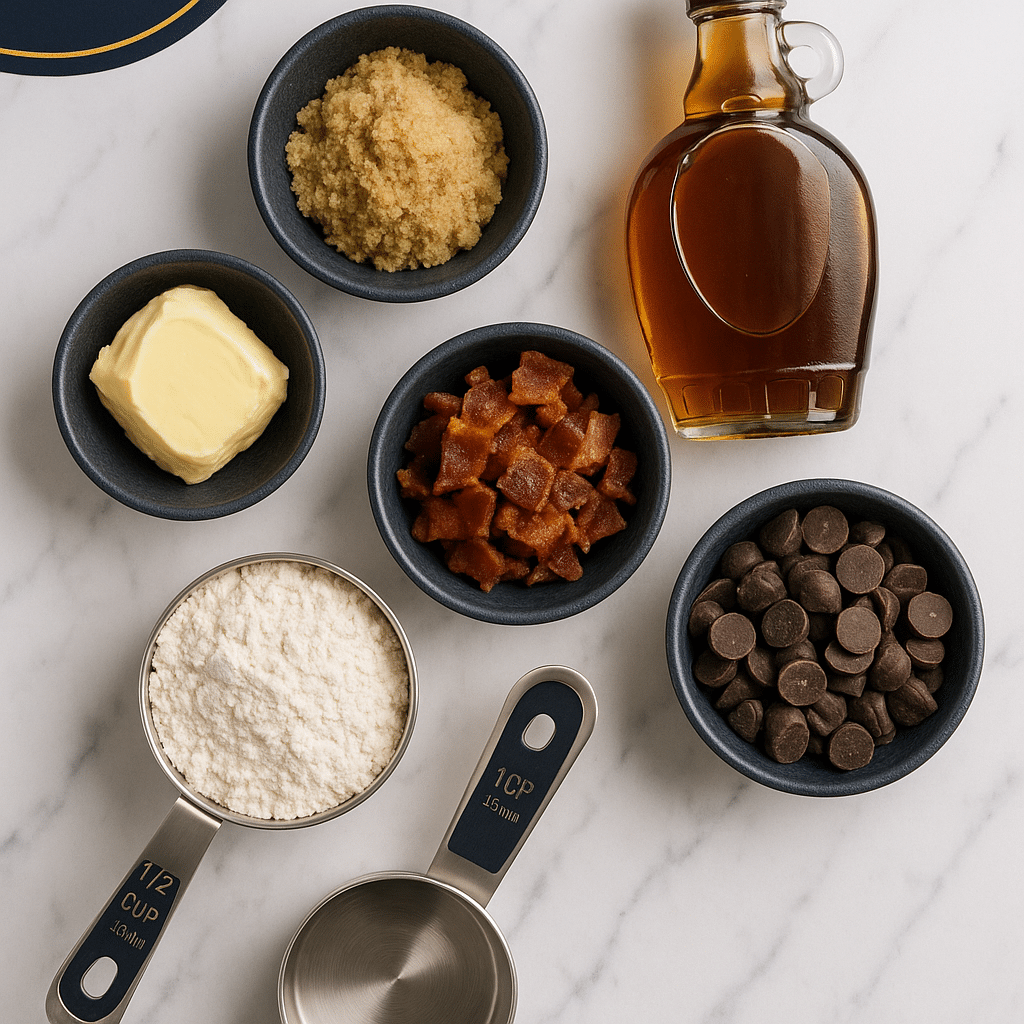 Maple Bacon Cookie Dough Truffles ingredients including butter, brown sugar, maple syrup, and candied bacon