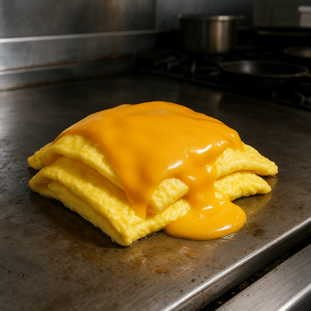Melted American cheese folded eggs rectangular shape everything bagel bacon assembly