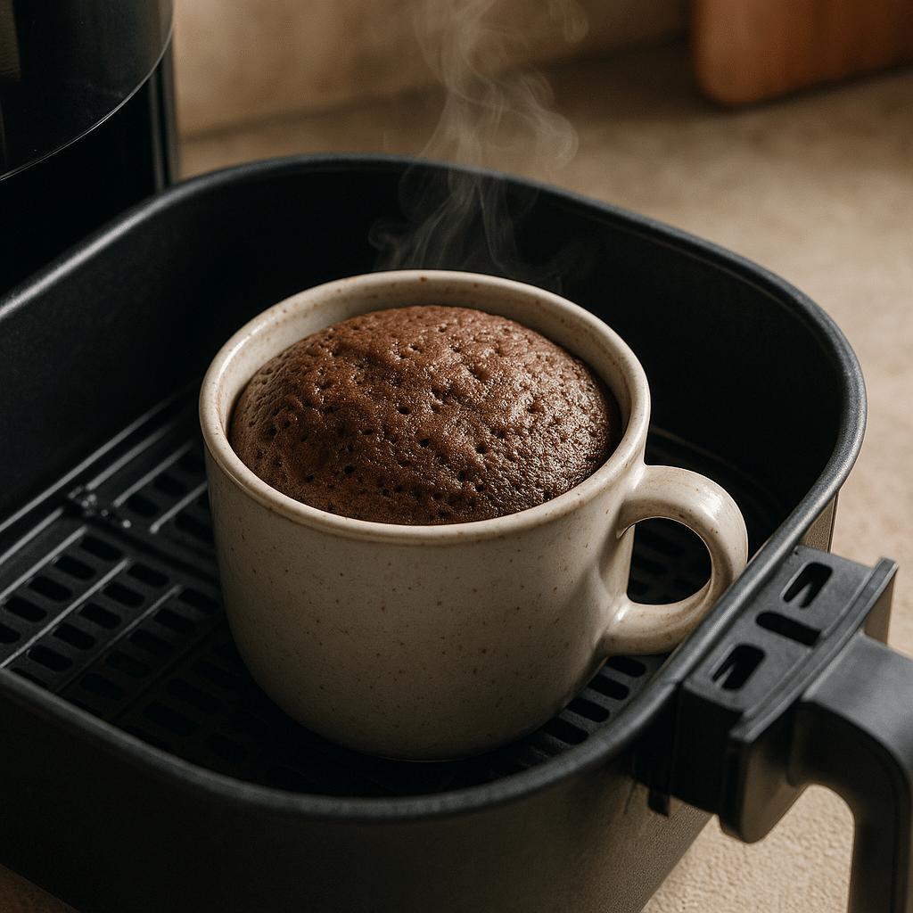 Mug cake in air fryer inside basket on kitchen counter