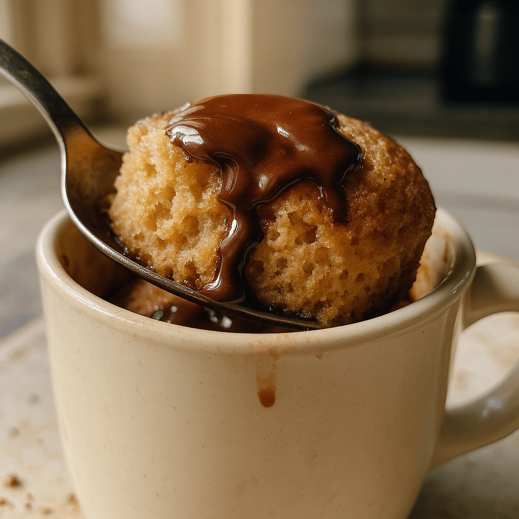 Served air fryer mug cake with spoon