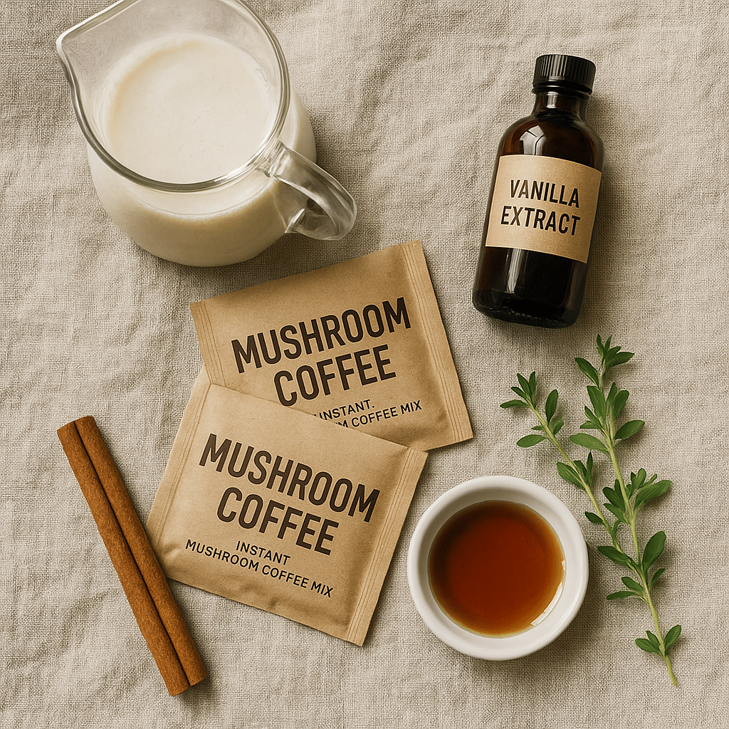 Flat lay of mushroom coffee mocktail ingredients on linen cloth
